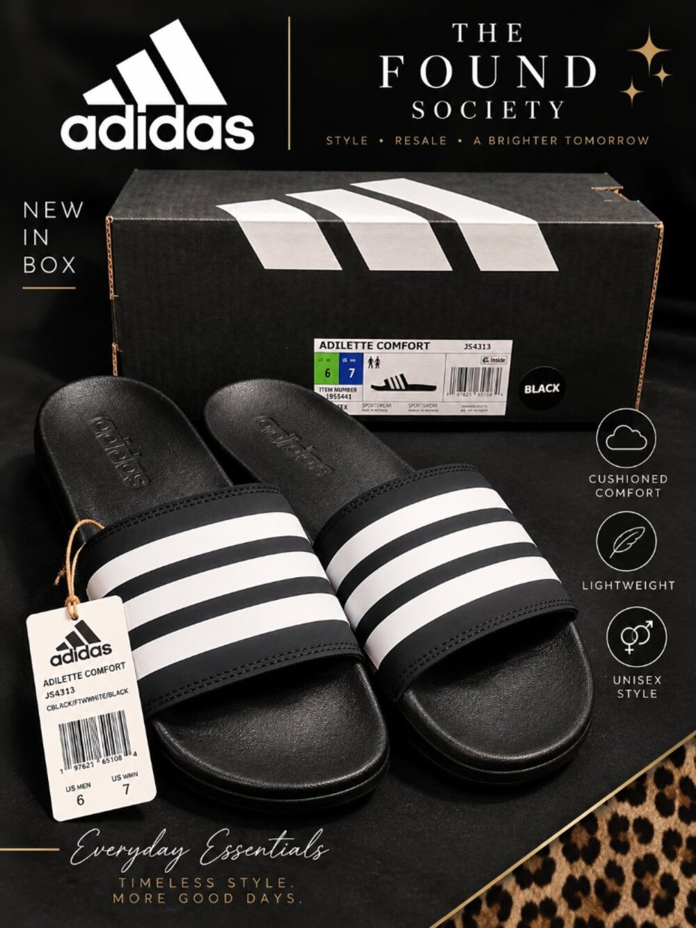 NIB Adidas Adilette Comfort Slides Black White Men 6 Women 7 JS4313